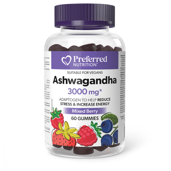 ASHWAGANDHA MIXED BERRY 3000 MG 60 GUMMIES PREFERRED NUTRITION