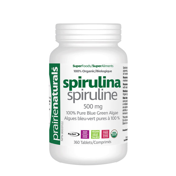 SPIRULINA ORGANIC 500 MG 360 TABS PRAIRIE NATURALS