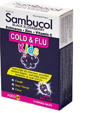 COLD & FLU KIDS BLACK ELDERBERRY BERRY 24 CHEWS SAMBUCOL